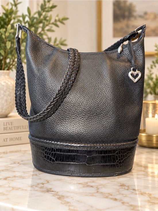 Handbags - Brighton Large Black Leather Bucket Bag Croc Trim Braided Strap | Vintage | EUC